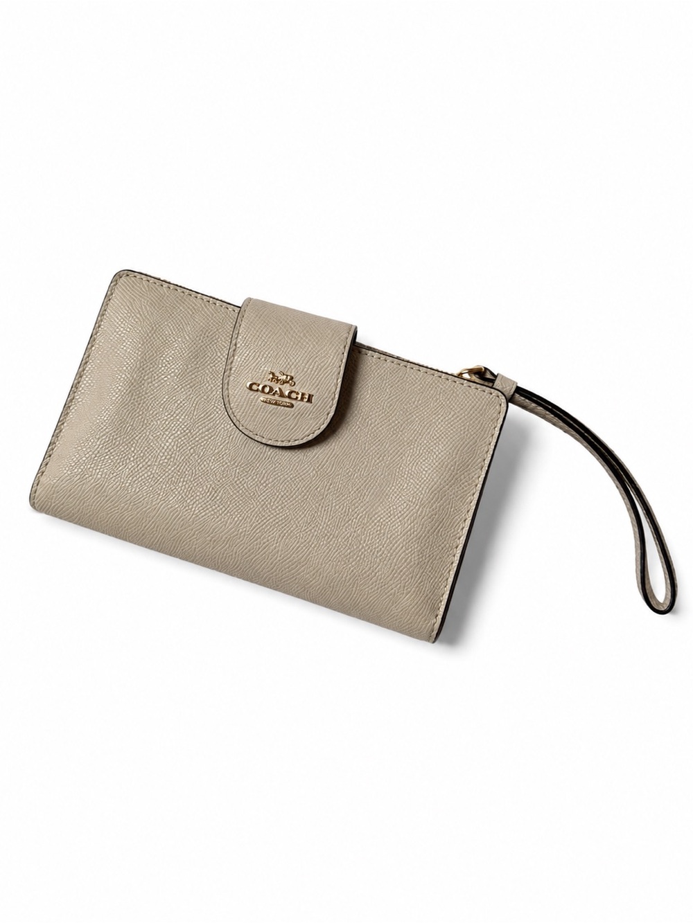 Coach Pebbled Leather Phone Wallet Wristlet Beige Tan Gold Zip Clutch￼